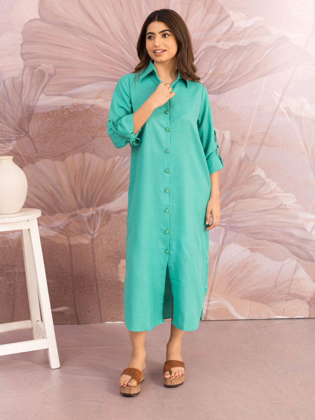 MAAND Roll-Up Sleeves Shirt Midi Dress