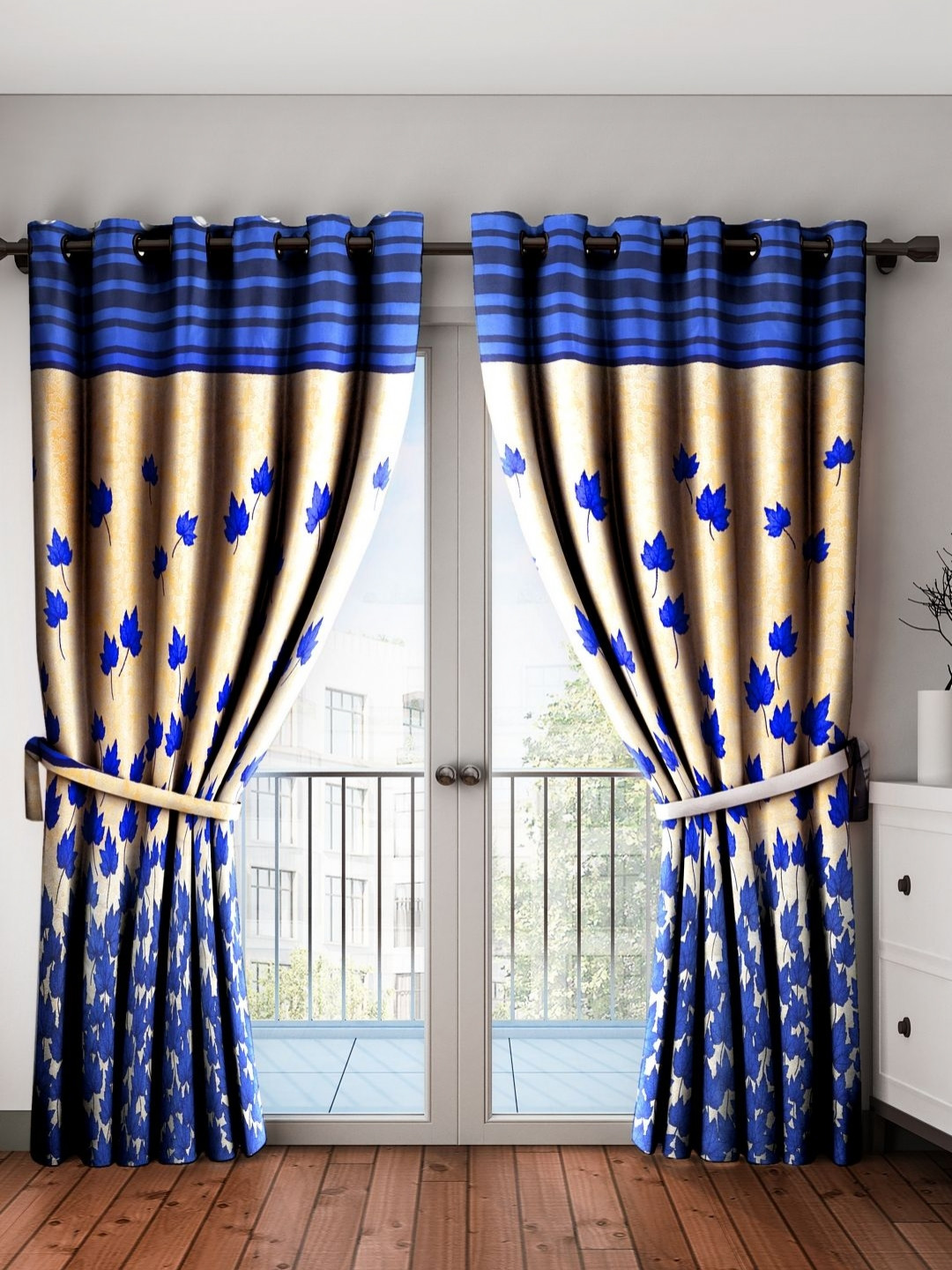 Aura Mapple Blue & Beige 2 Pieces Floral Printed Window Curtains