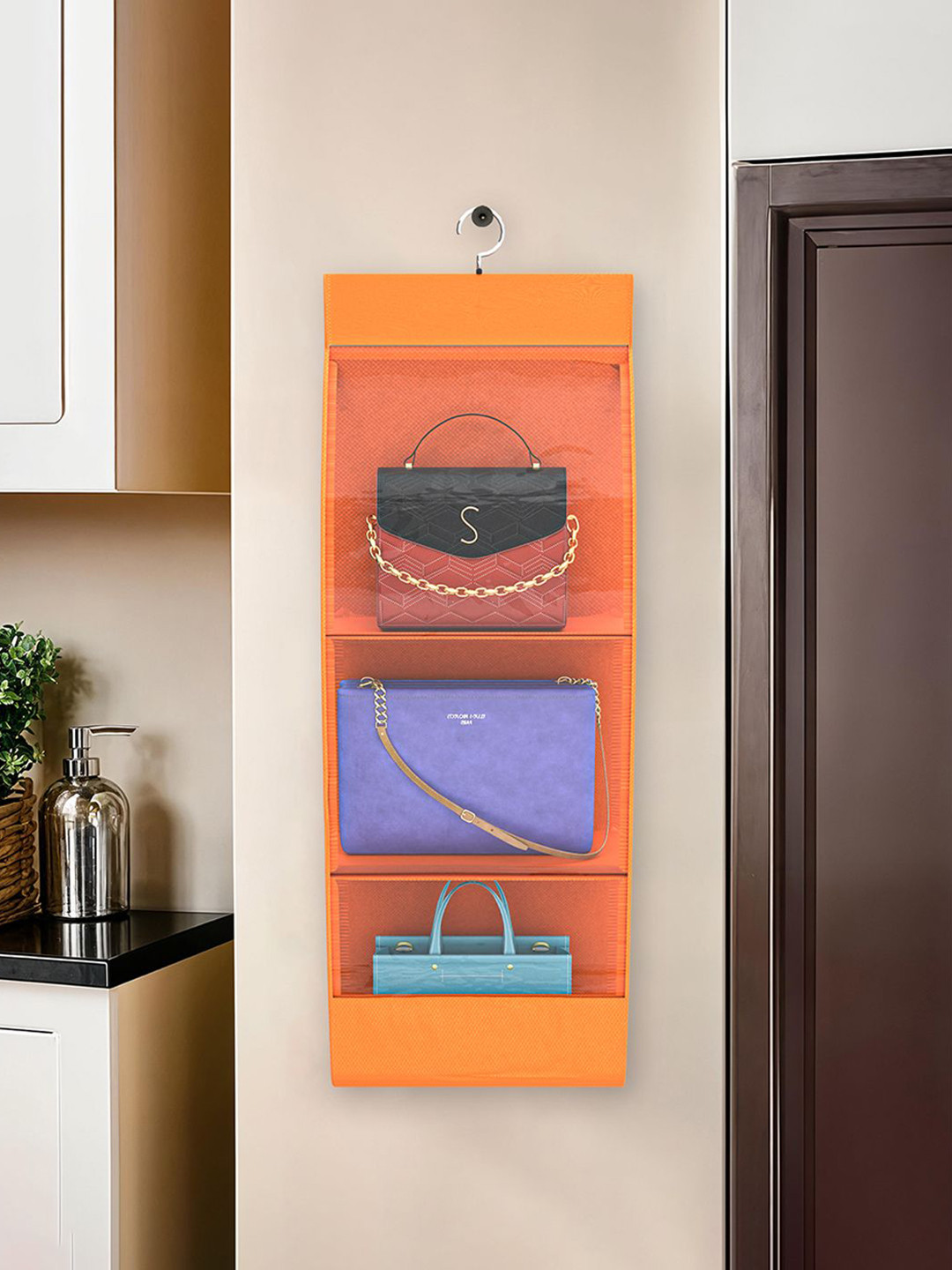 Kuber Industries Orange Transparent Non-Woven Hanging Purse Magazine Organiser