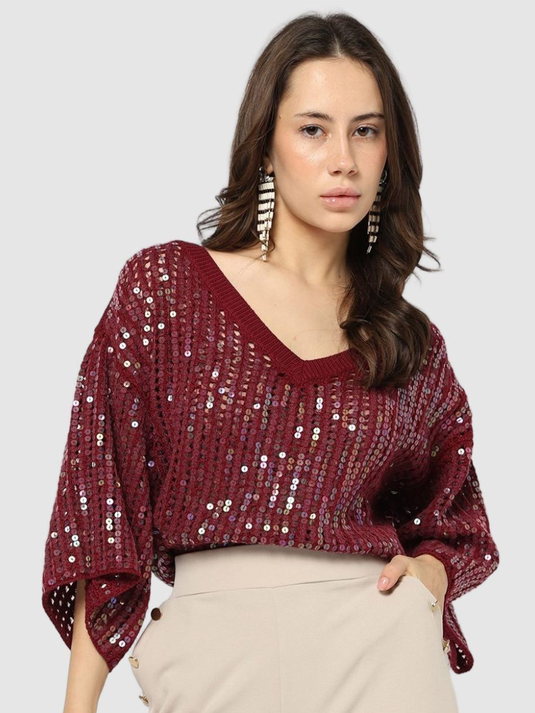 GAP Women Sequinned Embellished V-Neck Loose Fit Cotton Boxy Top