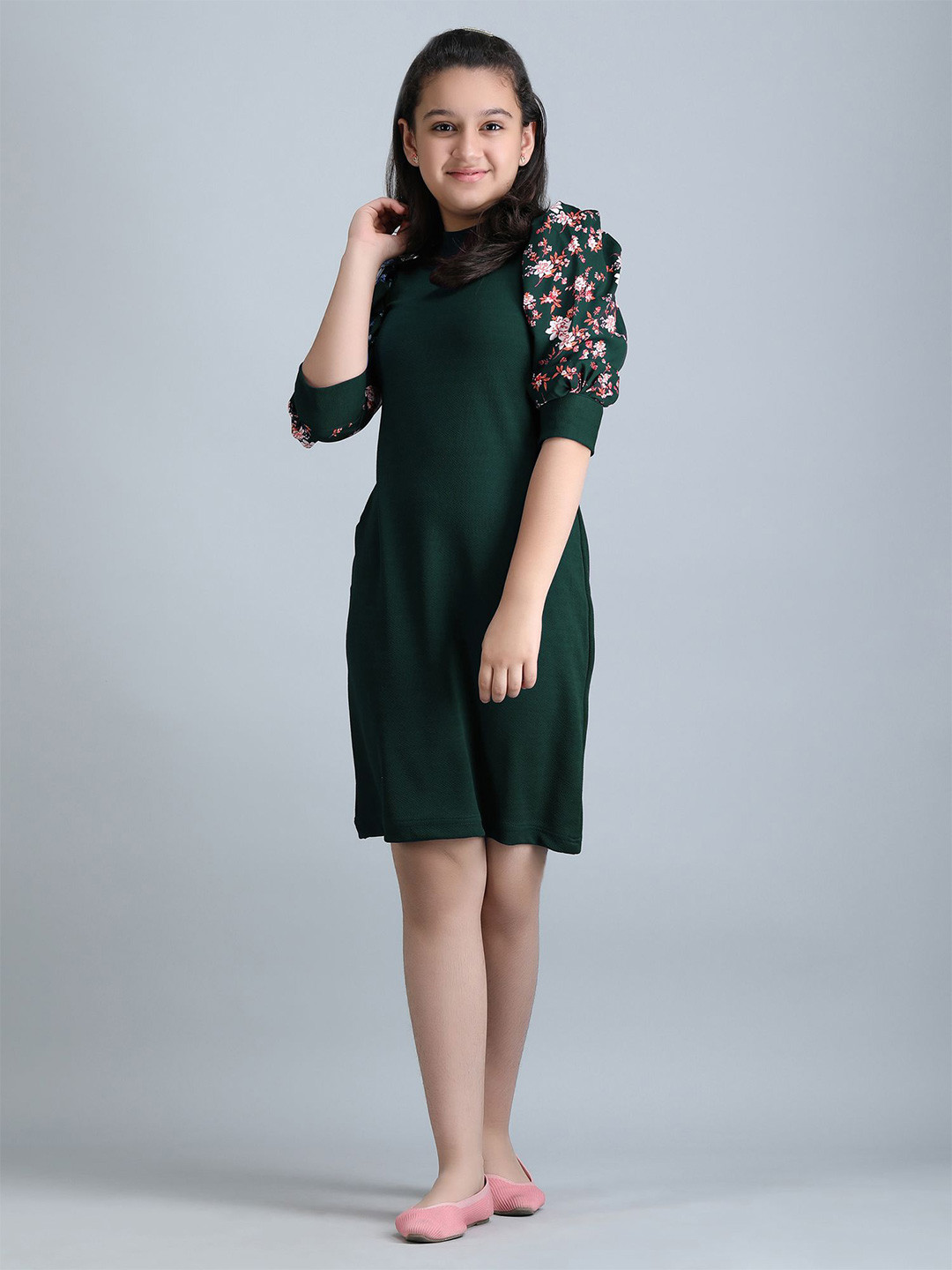 STARWORD Girls Green Round Neck Puff Sleeve Sheath Dress