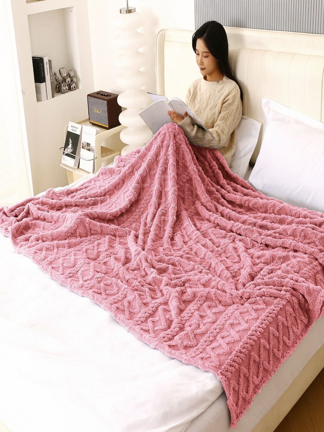 HOKIPO Pink Solid Fleece AC Room 210 GSM Double Bed Blanket