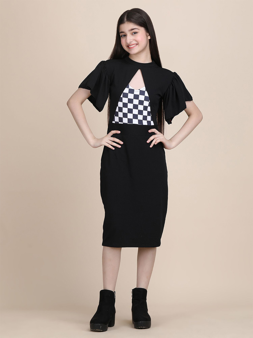 STARWORD Girls Checked Flared Sleeves Sheath Dress