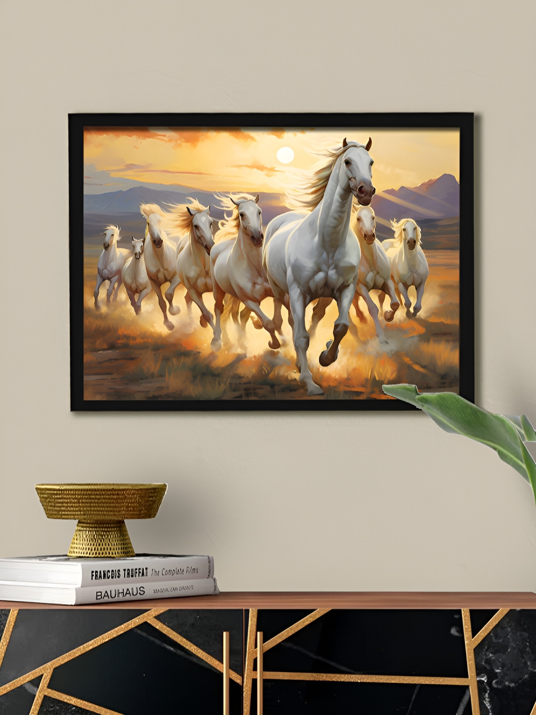 Art Street Multicolor Abstract Eight White Running Horses Vastu Feng Shui Wall Art
