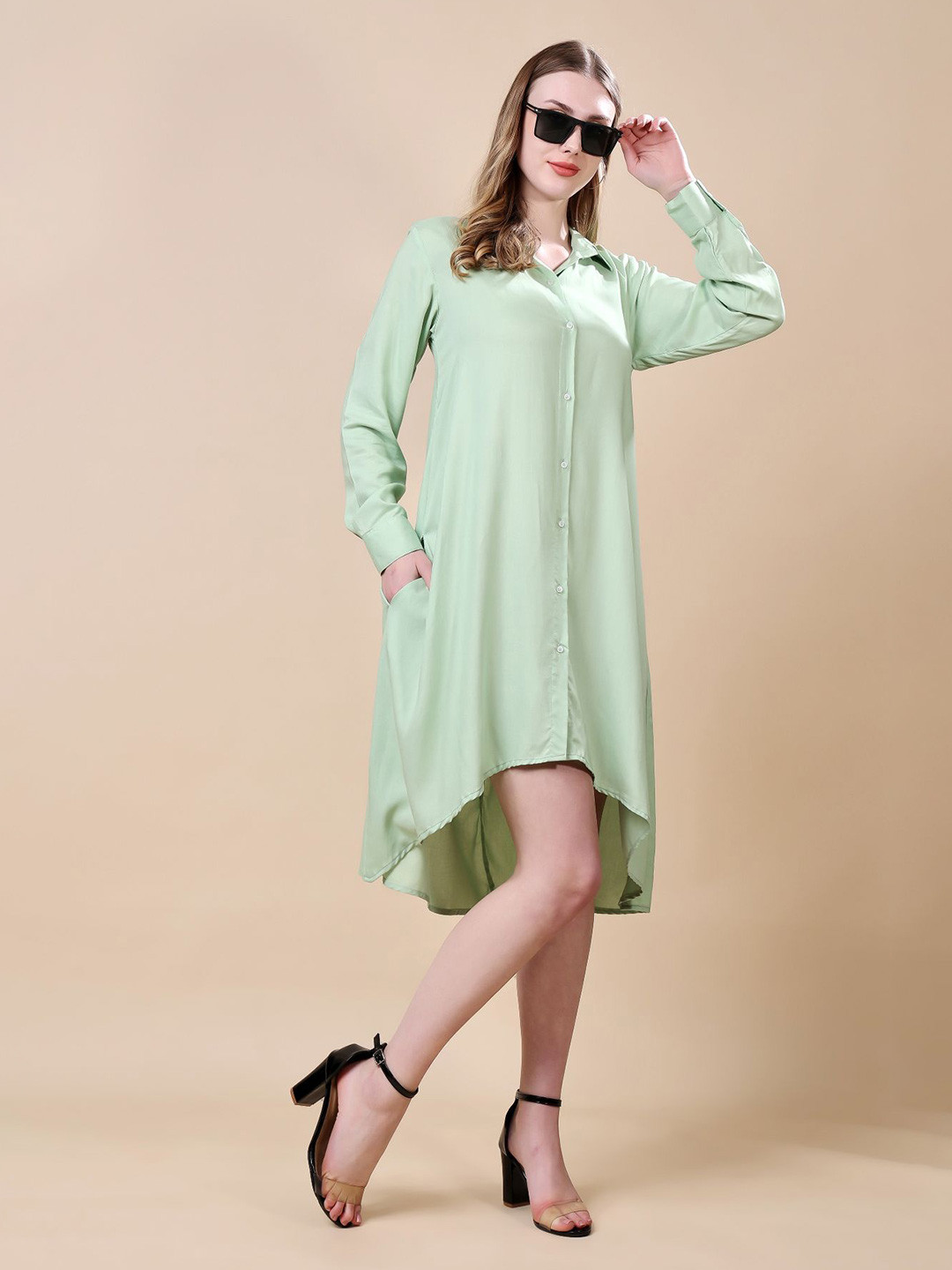 MODA-Q Women Shirt Collar Cuffed Sleeves A-Line Midi Dress