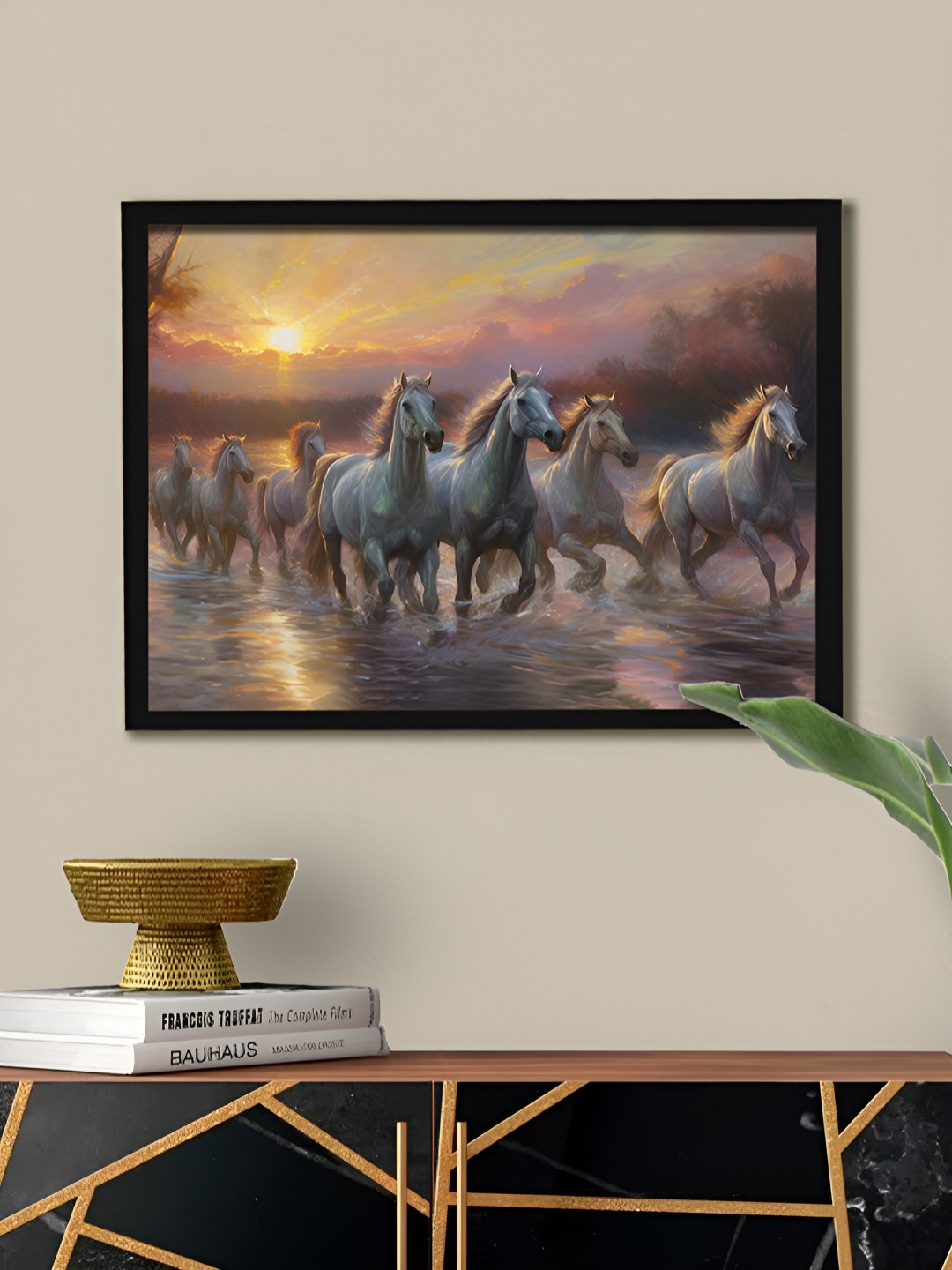 Art Street Seven White Running Horses Vastu Feng Shui Wall Painting