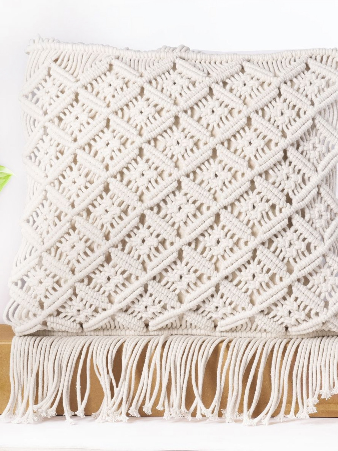 Decazone Cream-Coloured Geometric Textured Macrame Square Cushion Covers