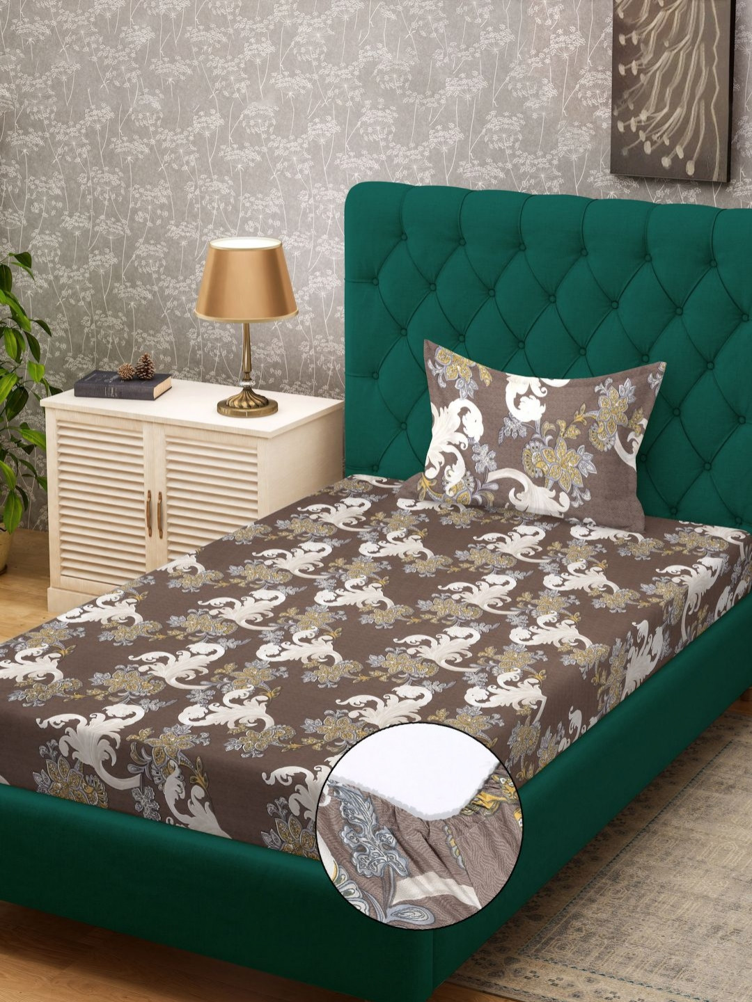 Myntra Elegant Homes Brown & White Ethnic Motifs 300 TC Single Bedsheet with 1 Pillow Covers