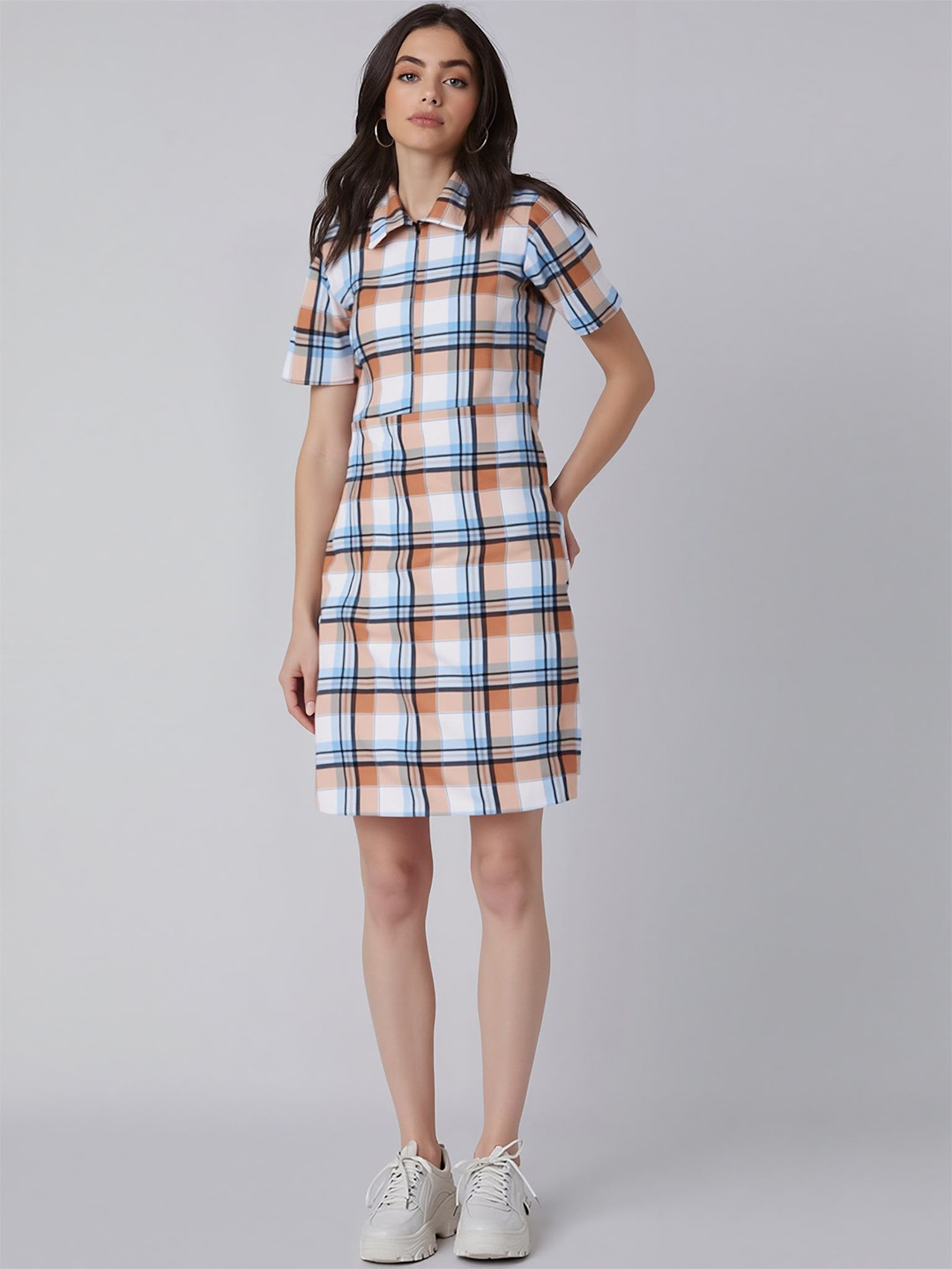 Mast & Harbour Shirt Collar Checked Sheath Dress