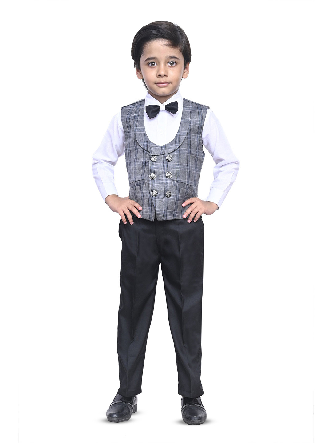 VALUE CREATION Boys Checked U-Neck Double-Breasted Three-Piece Suit