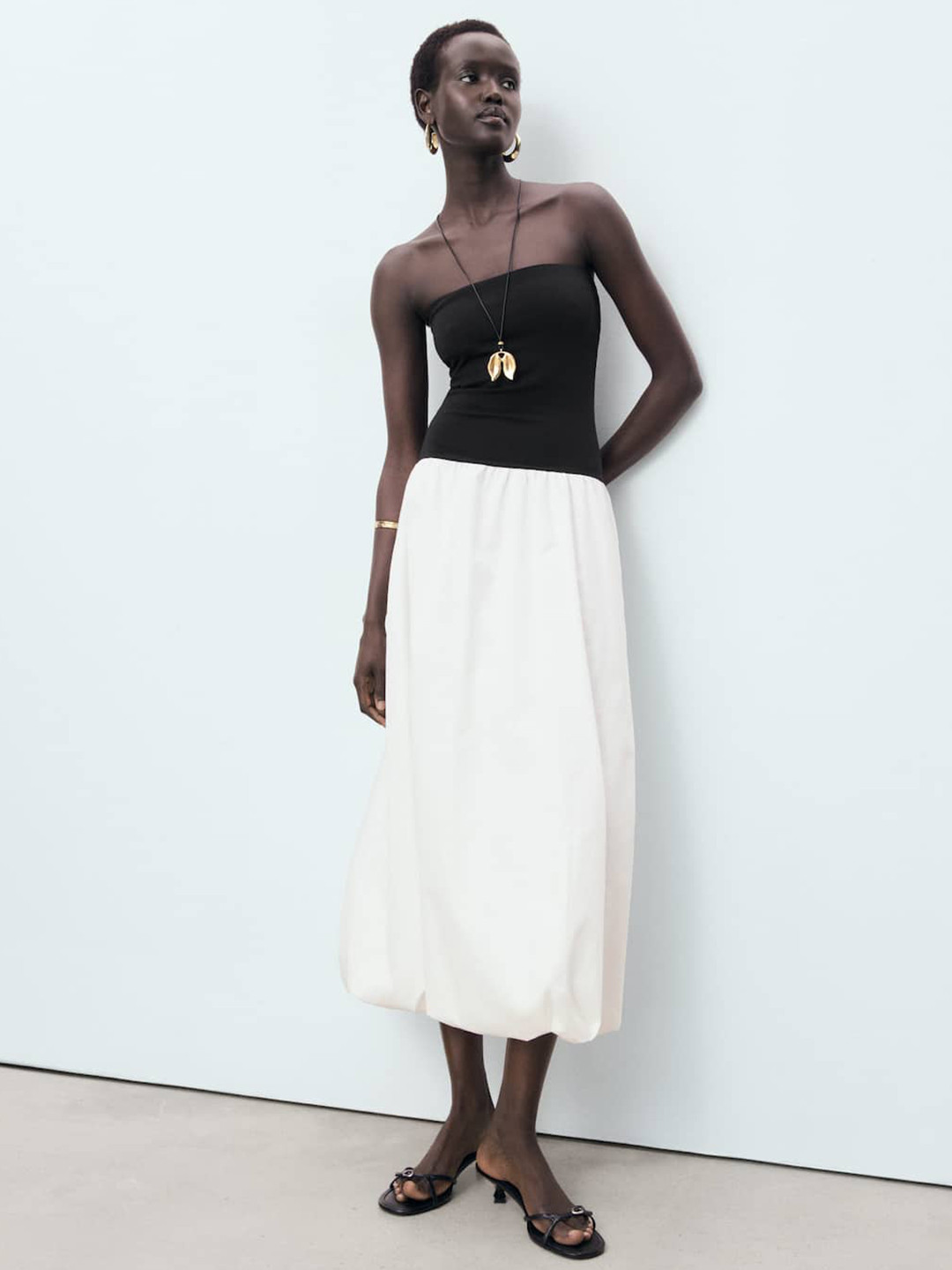 MANGO Colourblock Drop-Waist Balloon Midi Dress