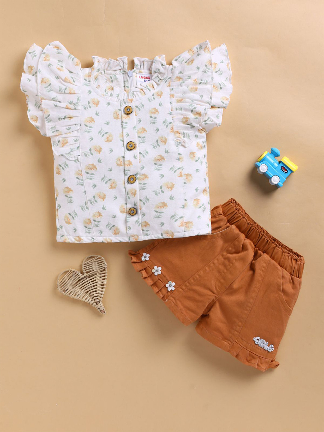 LACKii DOLL Girls Printed Mandarin Collar Short Sleeves Top With Shorts