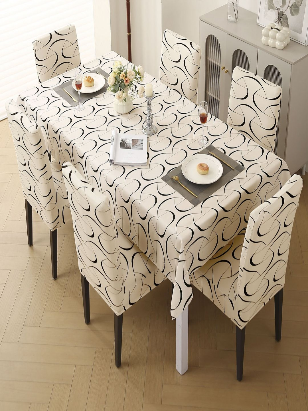 HOKIPO Set Of 7 Beige & Black Printed Dining Chair Cover With Matching Tablecloth