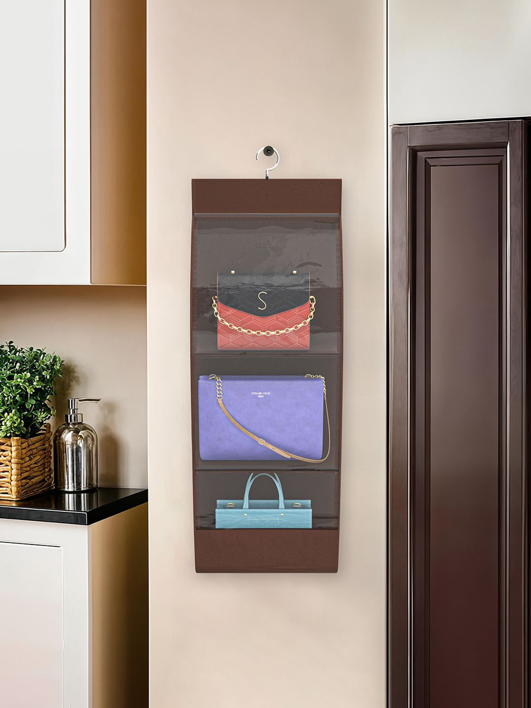 Kuber Industries Brown & Transparent Hanging Purse Organiser