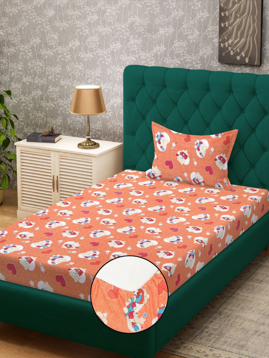 Myntra Elegant Homes Orange Colored Printed Cotton 400 TC Single Bedsheet Set 2.25 x 1.5 m