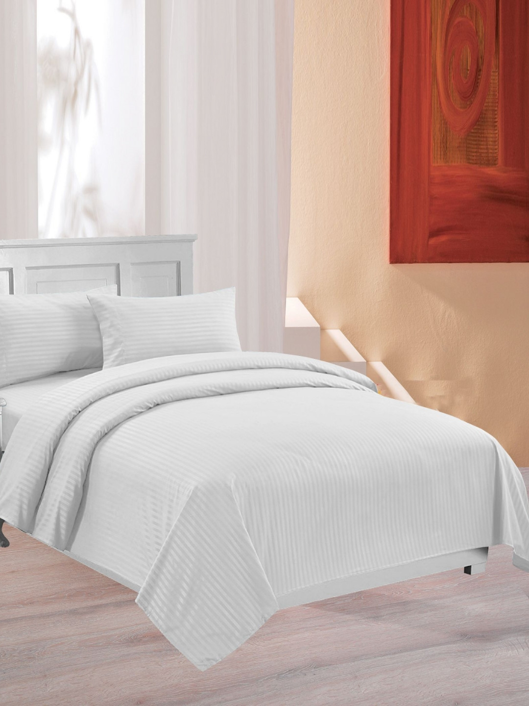 Lali Prints Grey Striped 250 TC King Bedsheet with 2 Pillow Covers