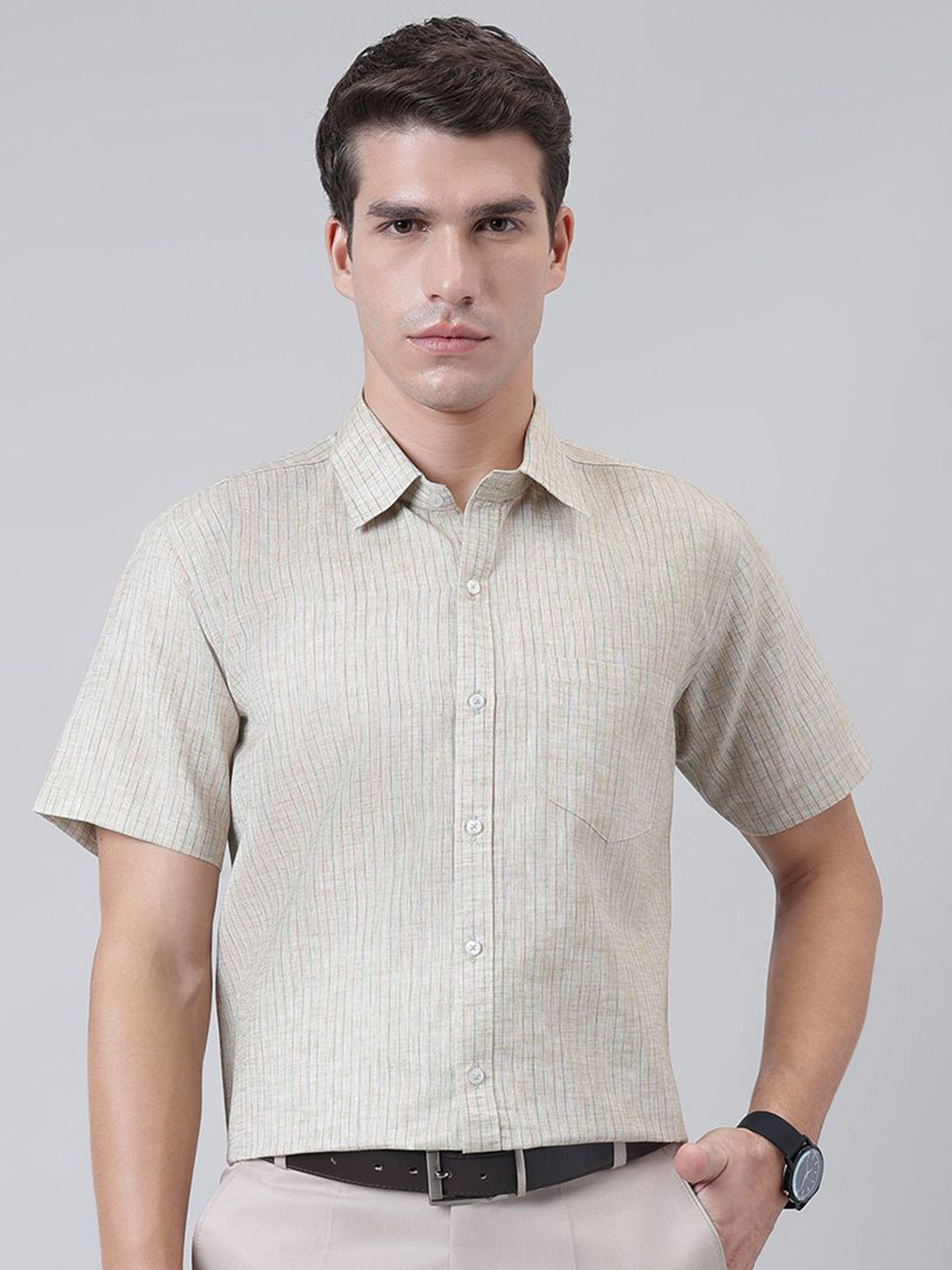 ACCOX Comfort Vertical Striped Short Sleeves Cotton Linen Formal Shirt