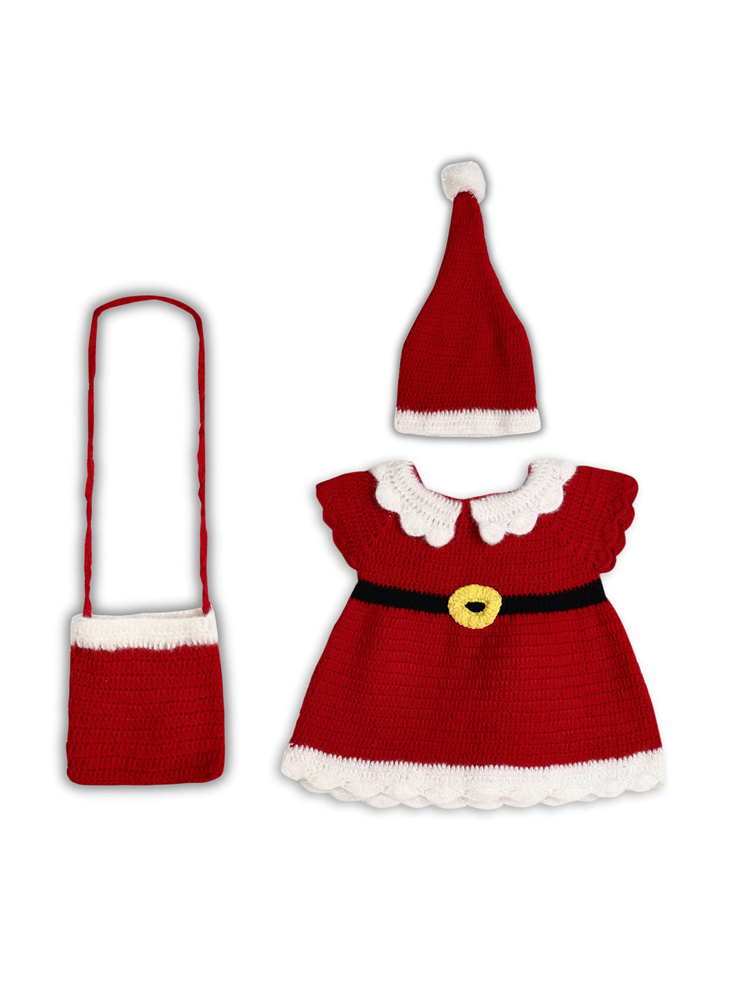 Mmaisha Girls Self Design Peter Pan Collar Woolen Dress With a Bag and a Cap