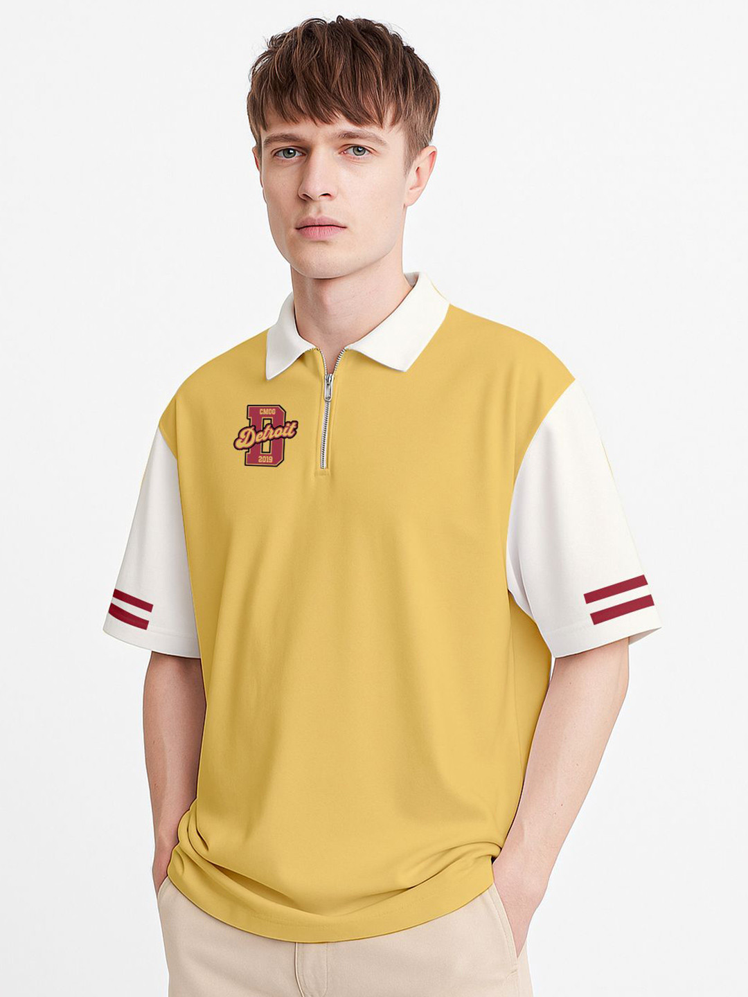 Crazymonk Detrait Oversized Printed Polo Collar Cotton T-Shirt