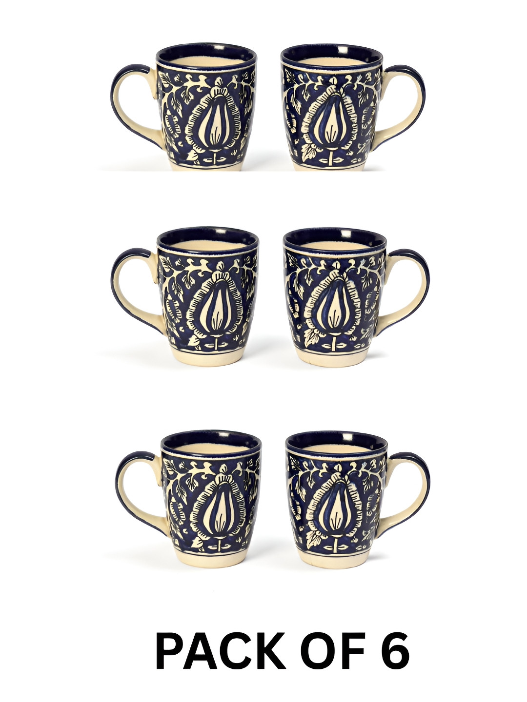 DULI Blue & Beige 6 Pieces Printed Ceramic Glossy Cups