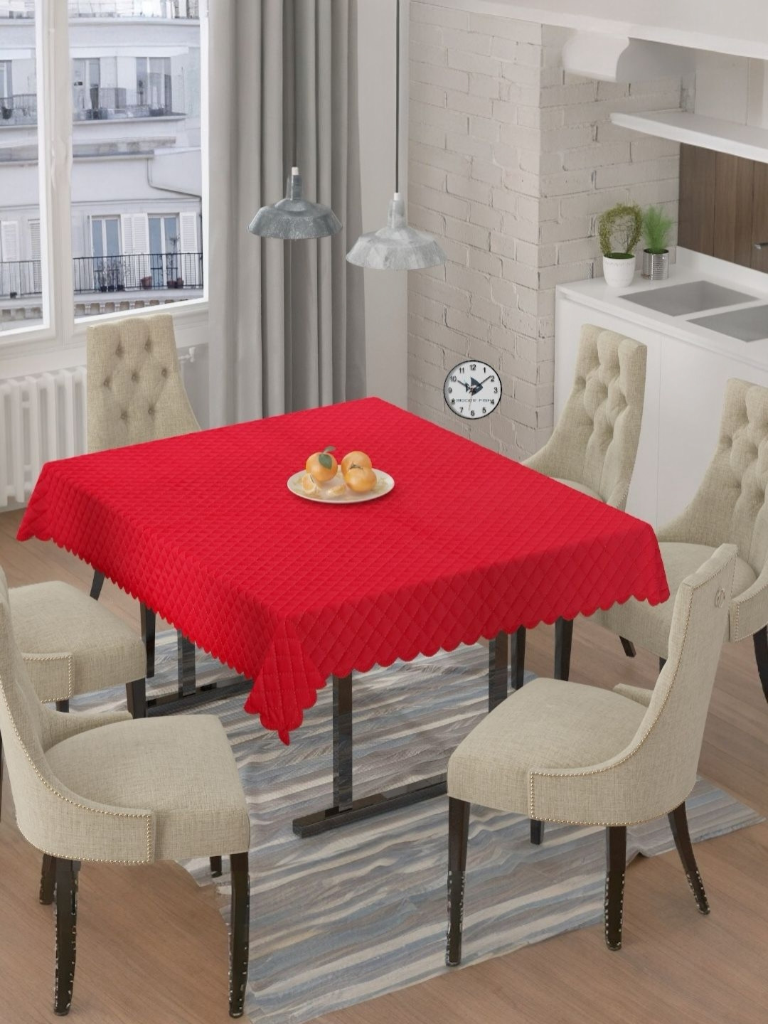BIGGER FISH Red 6-Seater Self Design Quilted Square Velvet Table Cover
