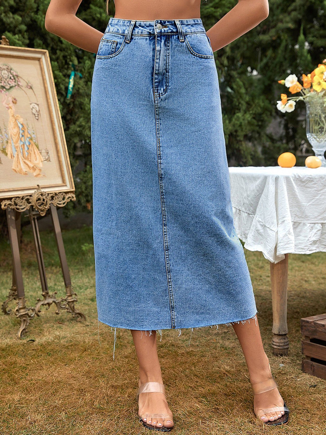 Outzidr Midi Straight Freyed Hem Denim Skirt