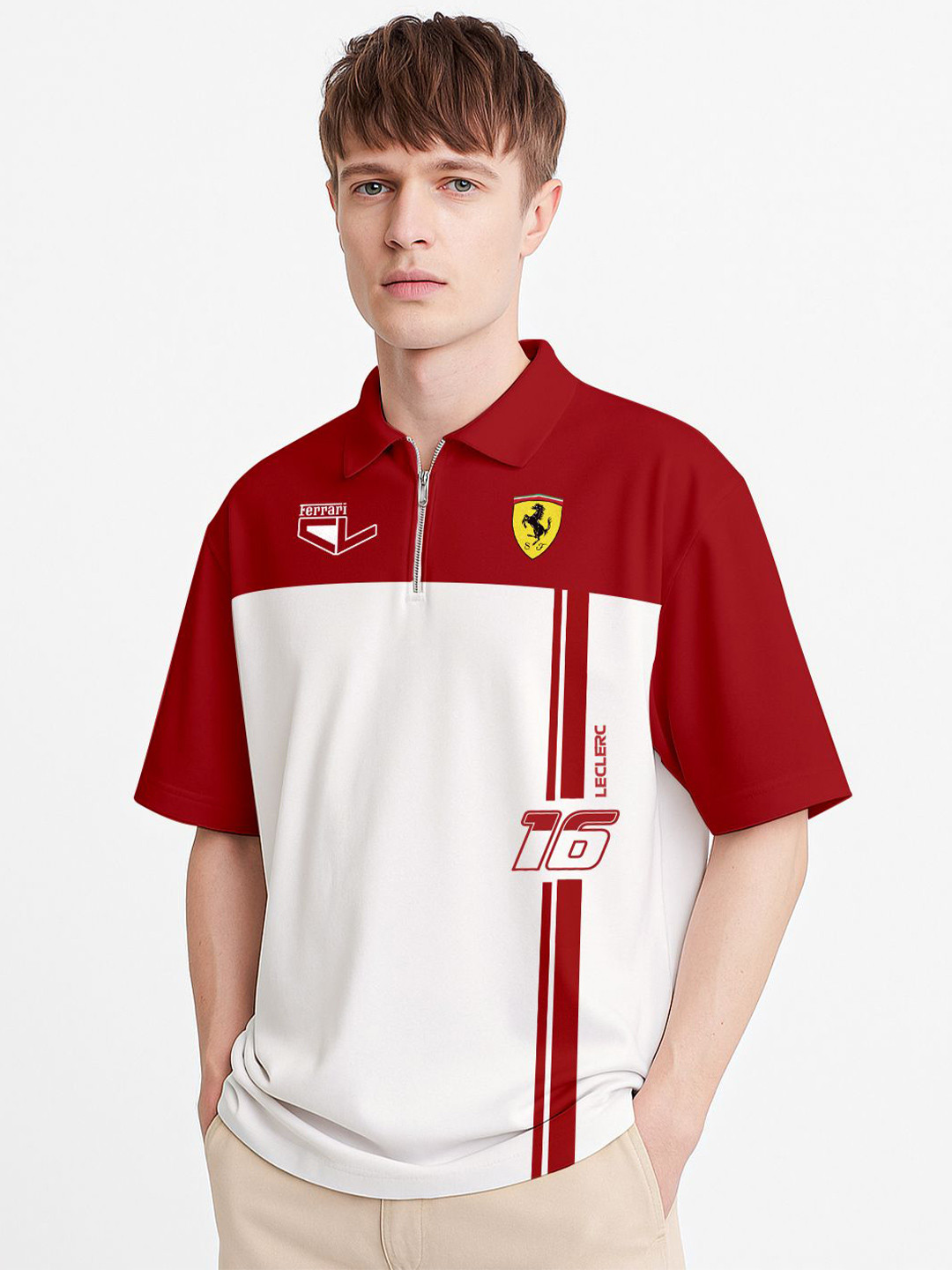 Crazymonk Oversized Charles Leclerc Colourblocked Polo Collar Cotton T-Shirt