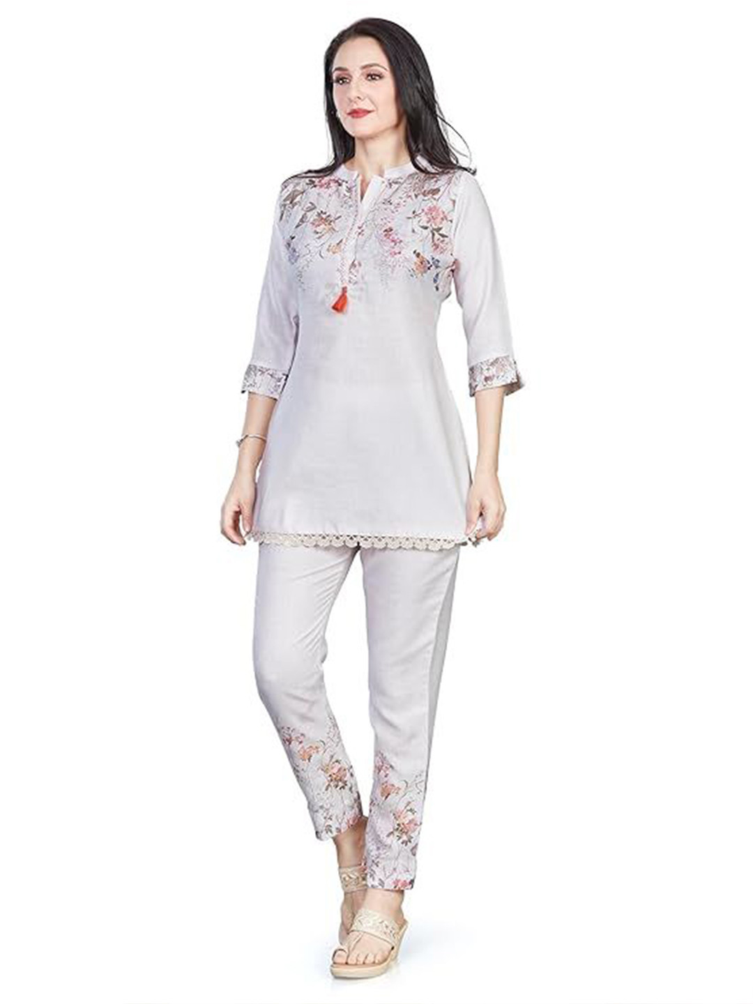 Nioni Women Printed Mandarin Collar Tunic and Trousers Co-Ords