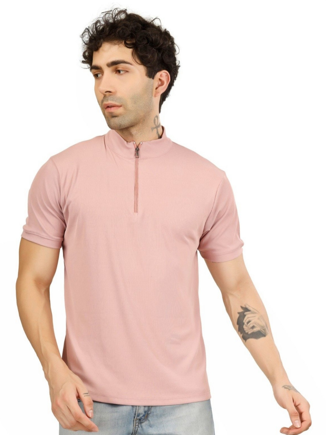 BLUEFICUS Self Design Zipper High Neck Bio Finish T-Shirt