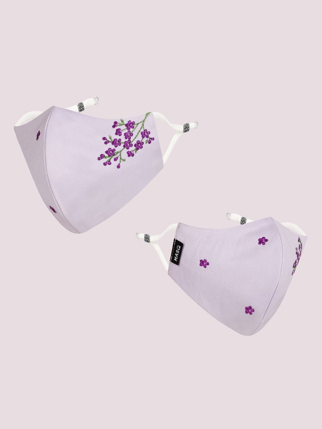 MASQ Women 3Pc Floral Embroidered Pure Cotton 4Ply Outdoor Anti-Bacterial Reusable Masks