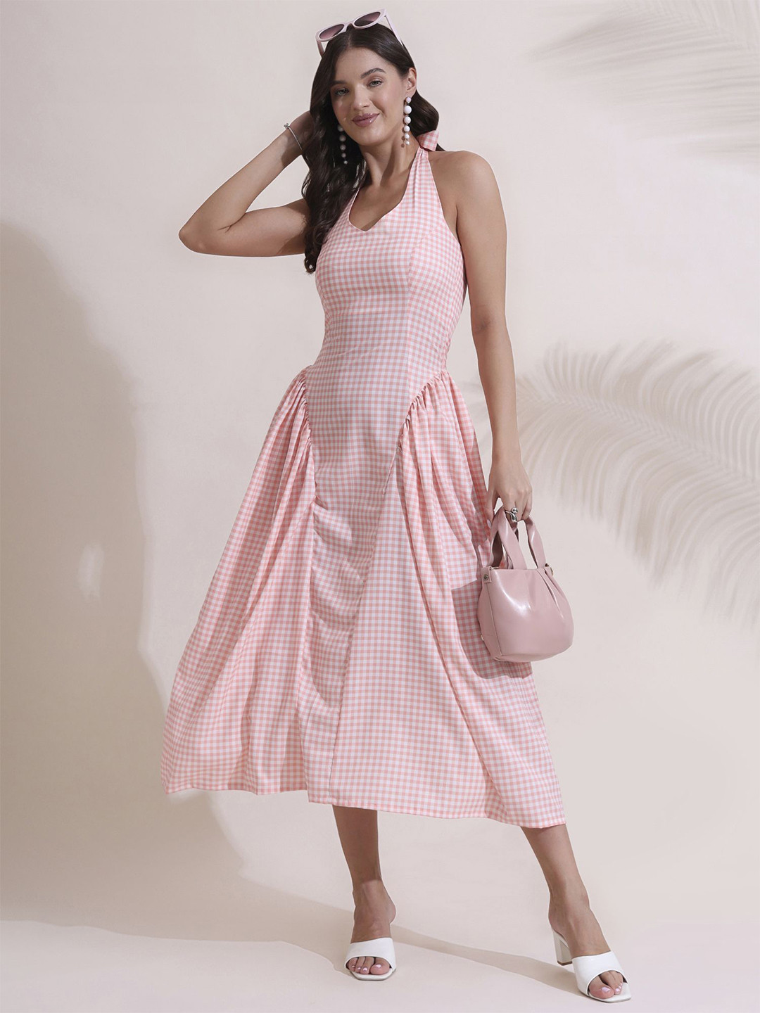 Salvia Sky Women Checked Halter Neck Pleated A-Line Midi Dress