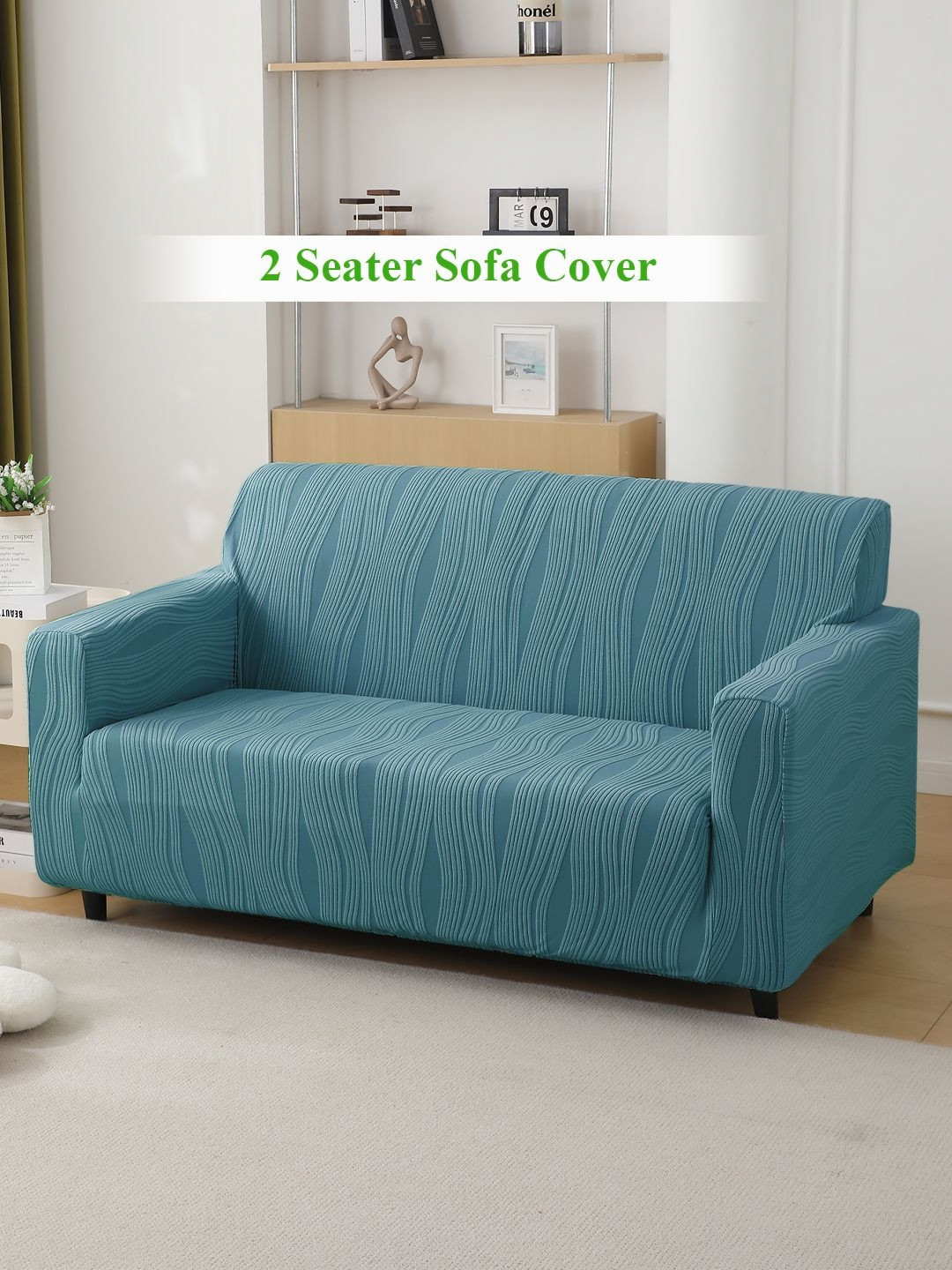 HOKIPO Sea Blue Knitting Jacquard 2 Seater Fully Covered Sofa Cover