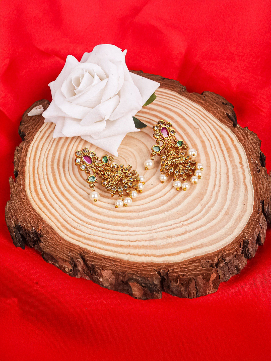 TANAIRA Gold Plated Stones Studded & Beded Contemporary Drop Earrings