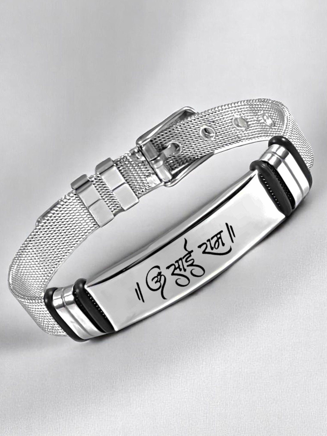 M Men Style Silver-Plated Stainless Steel Mesh Om Shri Ram Printed Wraparound Bracelet