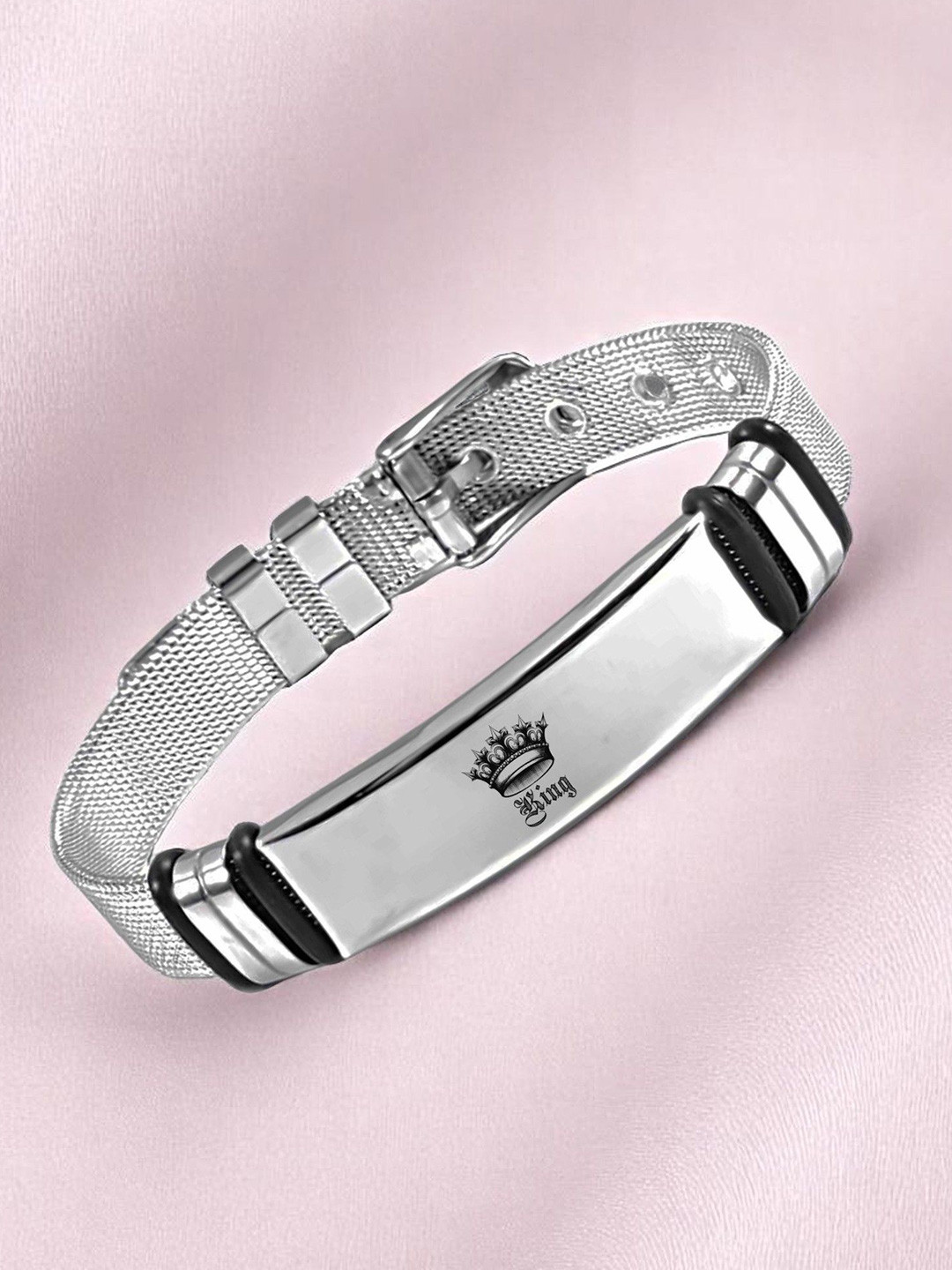 M Men Style Silver-Plated Stainless Steel Mesh King Printed Wraparound Bracelet