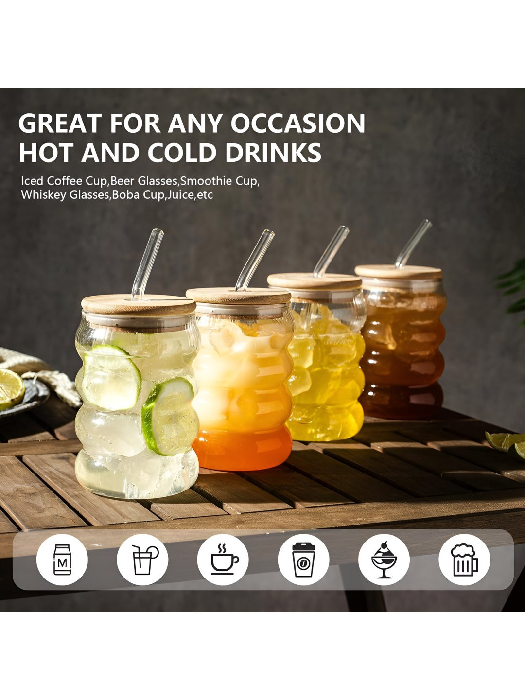 FINSTER Transparent 4 Pieces Water Glasses With Wooden Lid & Straw 530ml Each