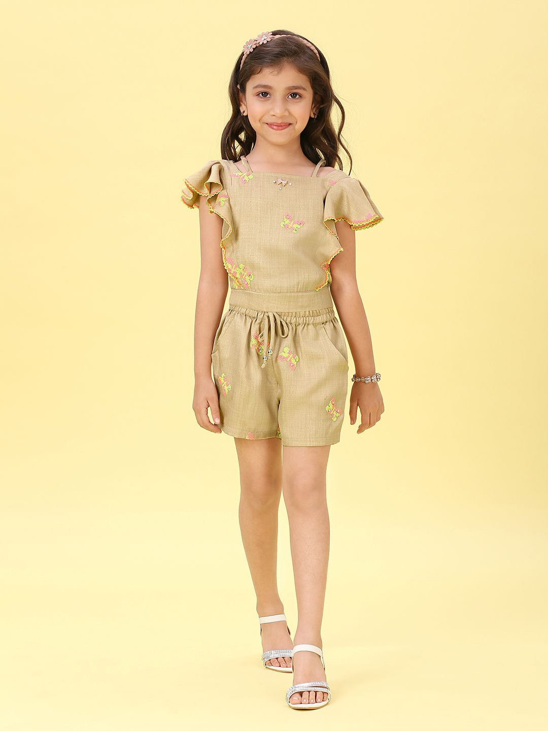 Macwin Girls Embroidered Short Sleeves Linen Top With Shorts