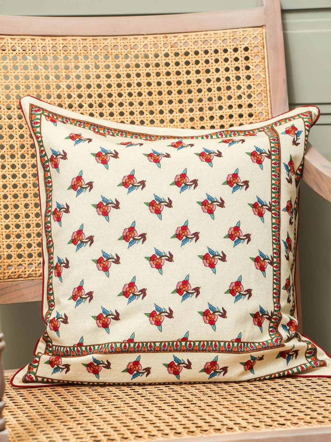 Sangria  Heritage Charm White & Red Printed Cotton Square Cushion Cover
