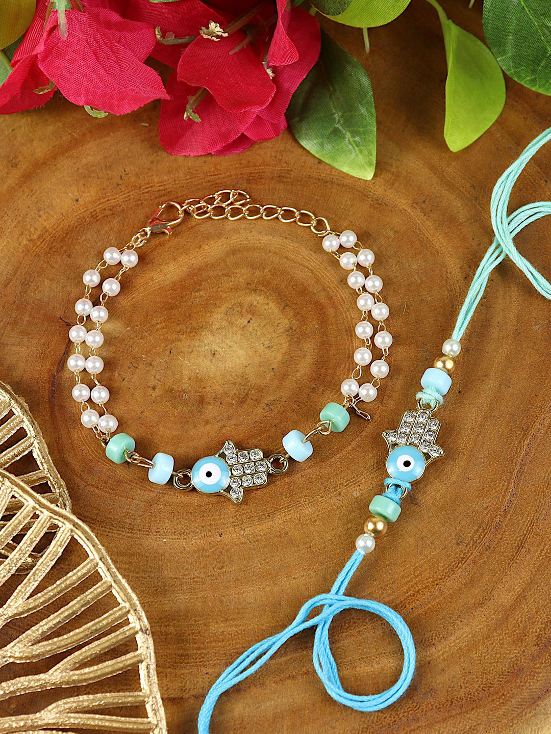 Asthetika Evil Eye Hamsa Bracelet Rakhi Pair with Roli Chawal