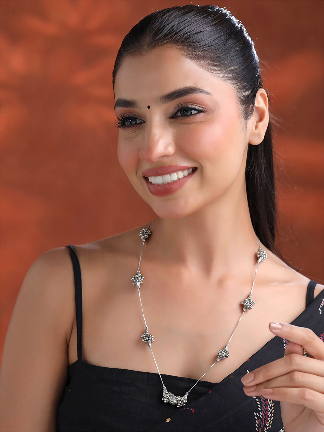 Yellow Chimes Silver-Plated Ghungroo Beaded Oxidised Chain