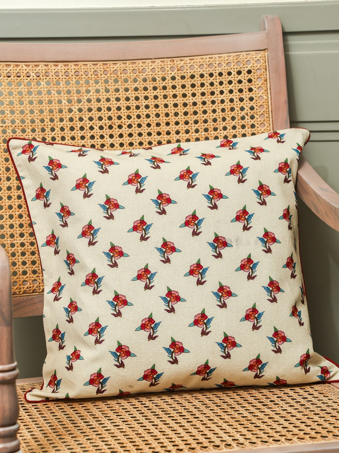 Sangria  Heritage Charm Beige & Red Floral Printed Cotton Square Cushion Cover