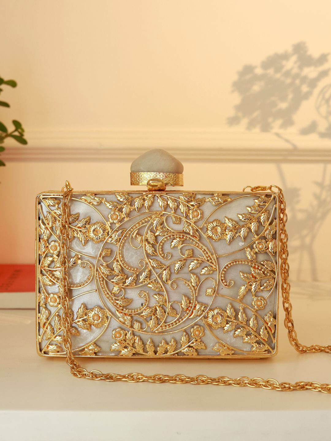 THE TAN CLAN Uzma Intricate Textured Embellished Box Clutch