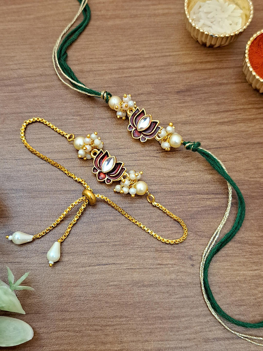 MERYCRAFT Set Of 2 Artificial Stones Studded & Beaded Bhaiya Bhabhi Rakhi