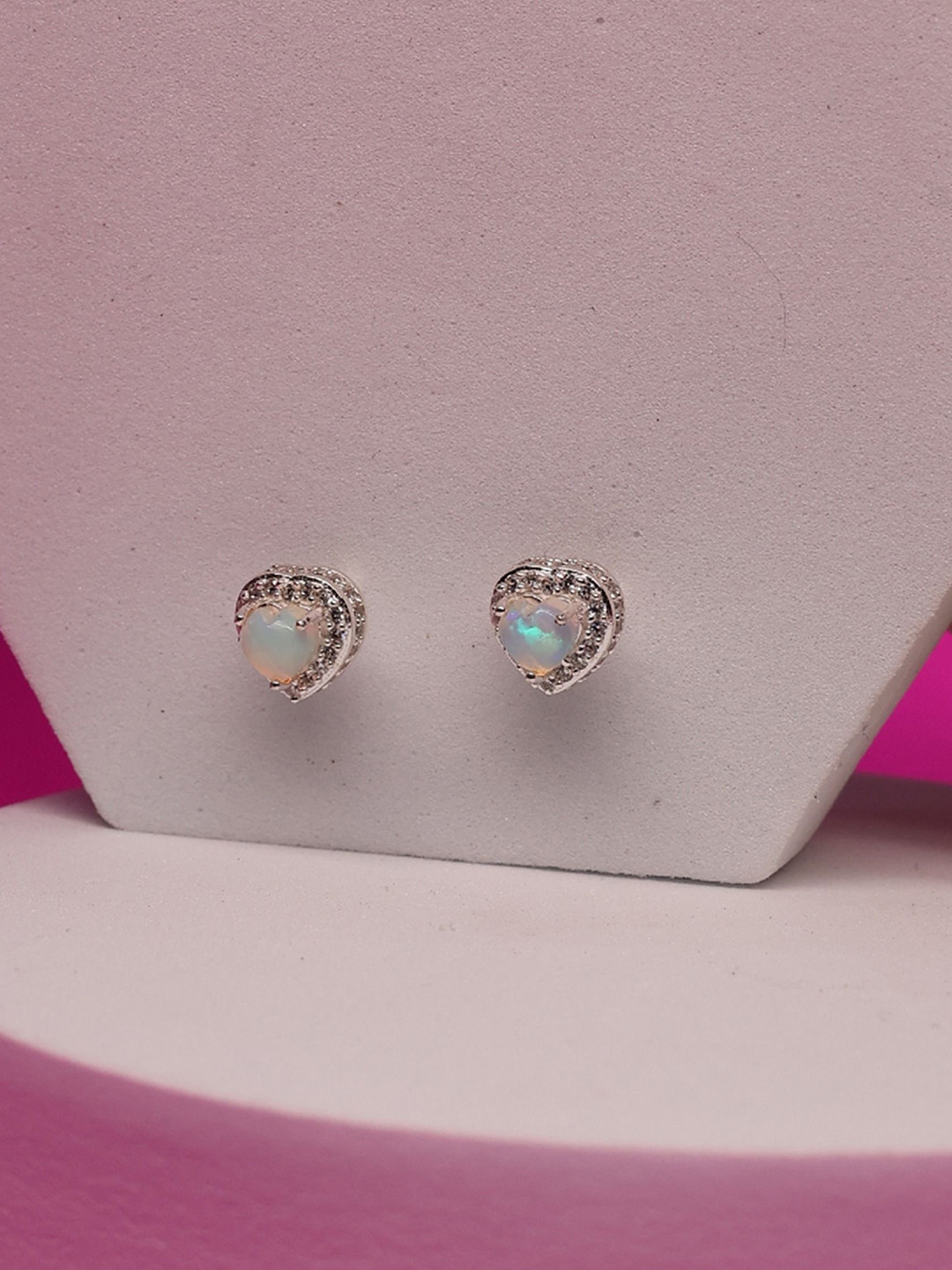 ShimmerTots 925 Sterling Silver Rhodium-Plated Opal Stones Studded Heart Shaped Studs