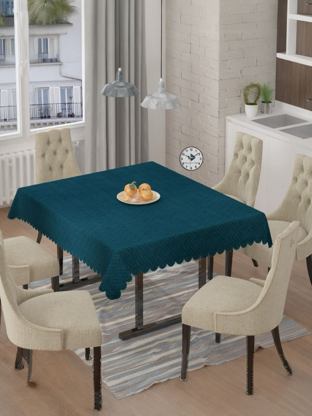 BIGGER FISH Teal 6-Seater Self Design Quilted Square Velvet Table Cover