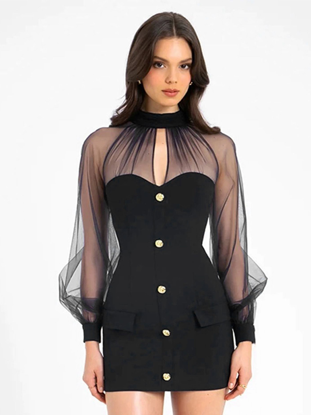 LULU & SKY Women Keyhole Neckline Sheer Bodycon Mini Dress