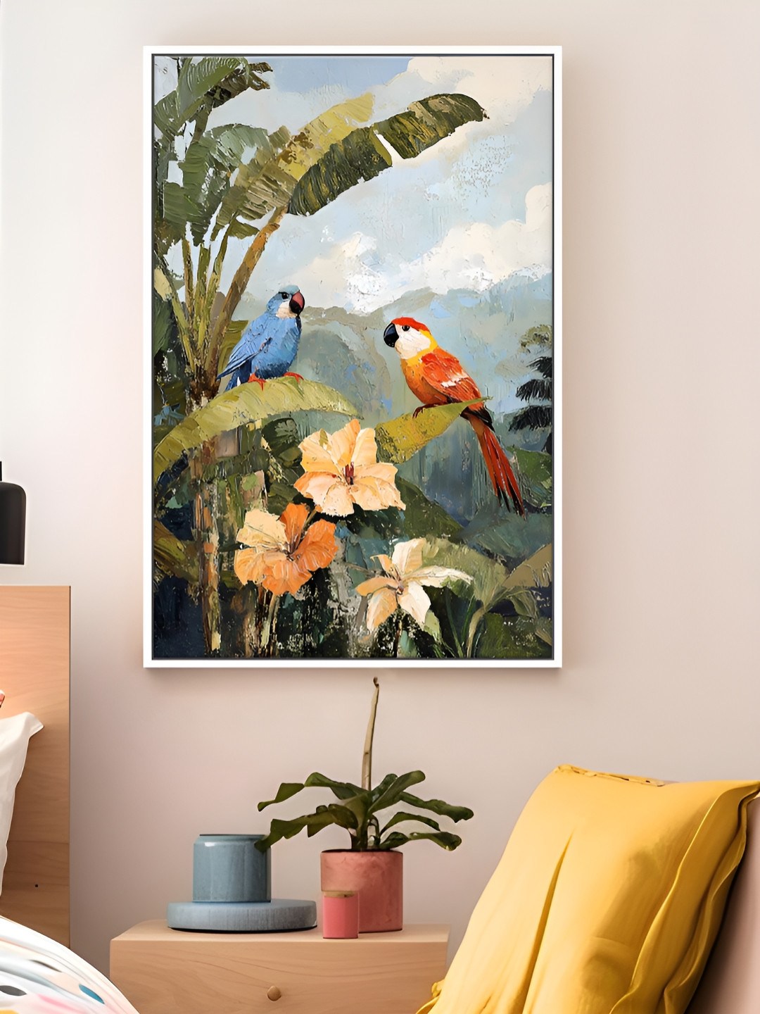 Art Street White & Green Parrots Tropical Nature Canvas Wall Paintings