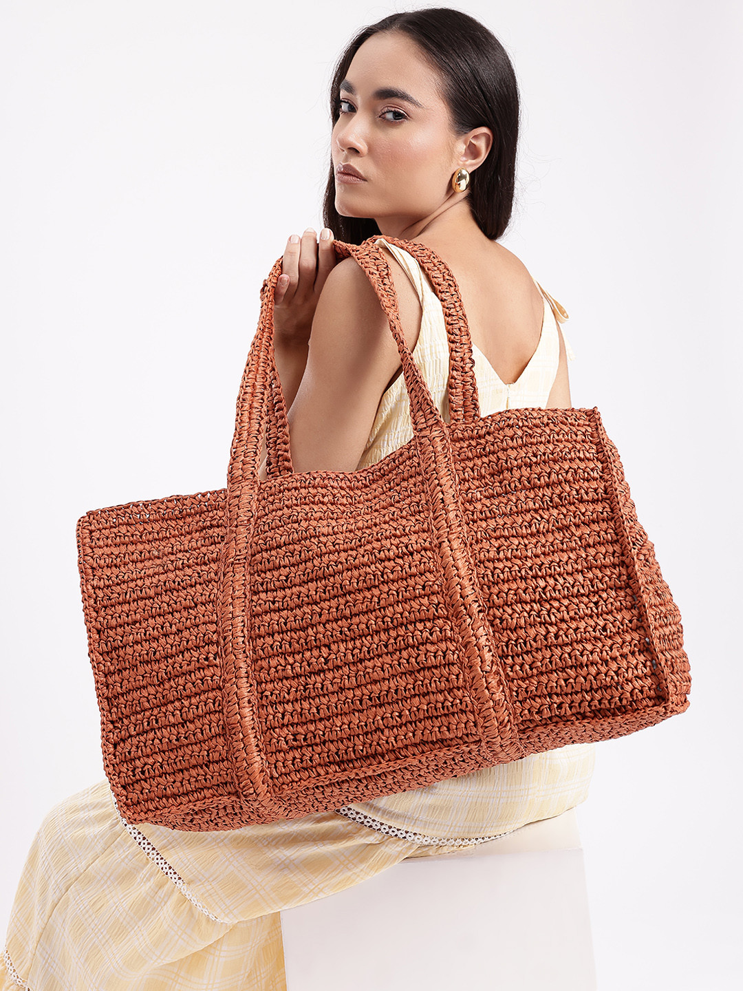 MANGO Oversized Basket Weave Shopper Tote Bag