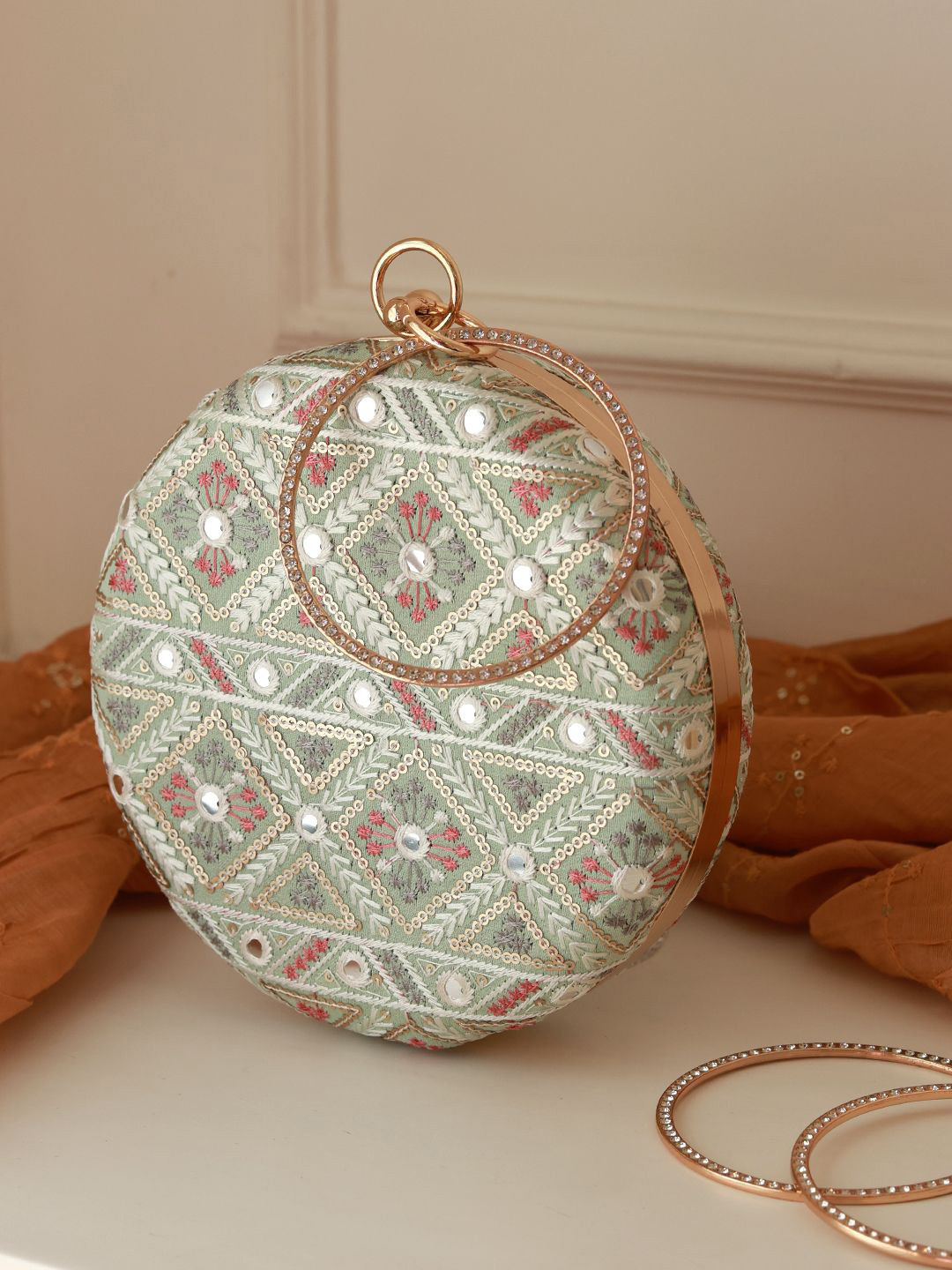 THE TAN CLAN Ariba Embroidered Round Box Clutch