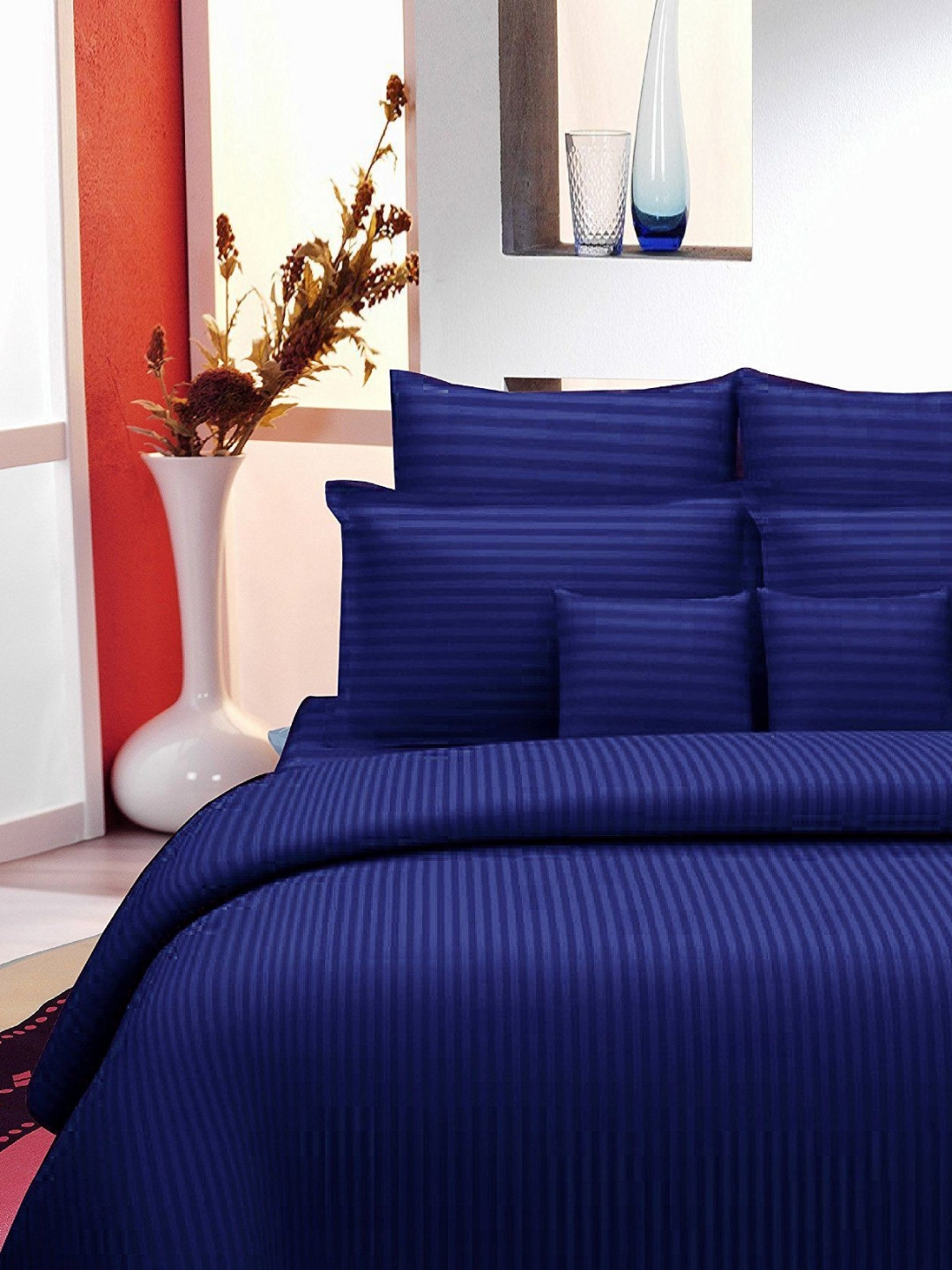 Lali Prints Blue Striped 250 TC King Bedsheet with 2 Pillow Covers